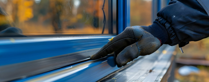 a person runs their hands along a window to check the seals are intact