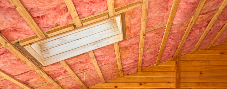 A wall or ceiling with fiberglass insulation