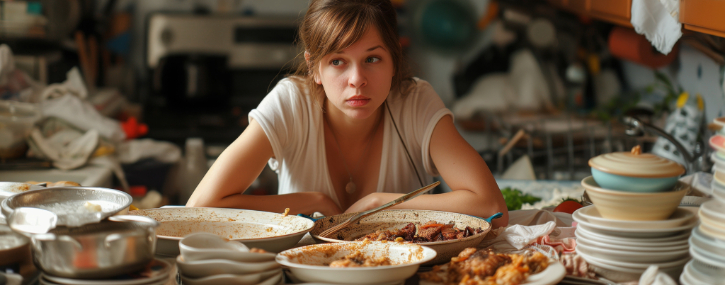 young woman is in a kitchen full of dirty dishes