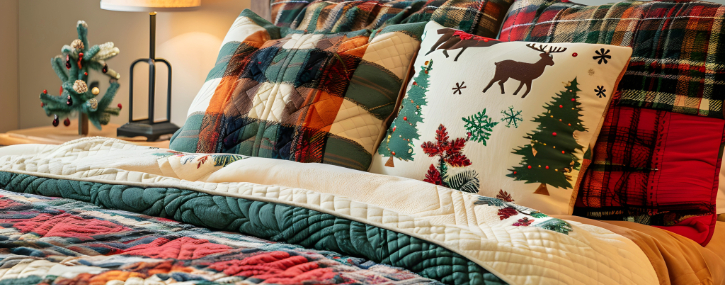 a bed and bedroom decorated in Christmas holiday themes