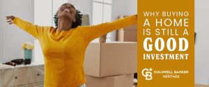 a woman is in a room filled with boxes. She appears to be celebrating or showing excitement due to being in her new home.