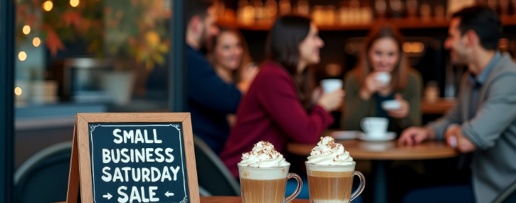 2 clear mugs with whipped cream toppings on a table next to a small business Saturday Sale sign.