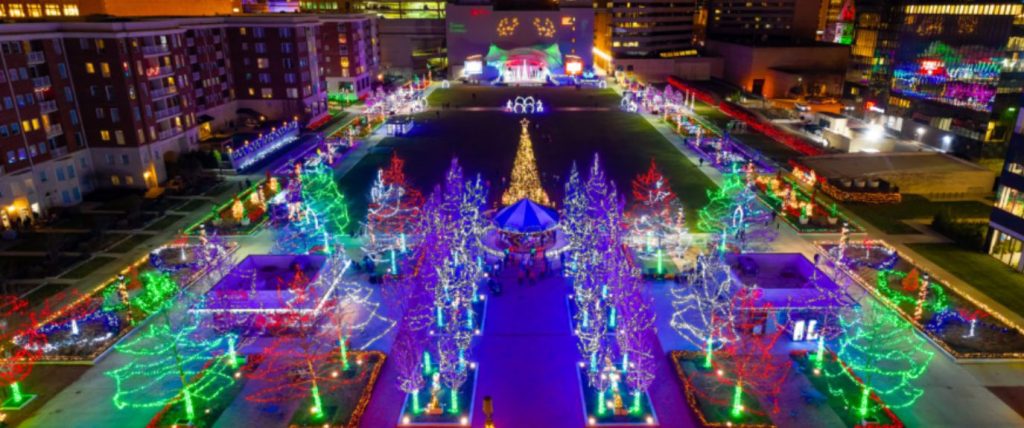 Aerial view of the Columbus Commons decorated with colorful Christmas lights for their annual Wanderlights display.