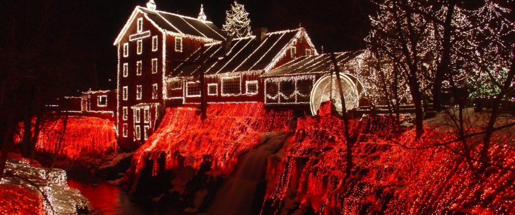 Wide view showing the Historic Clifton Mill decorated for their award winning display featuring over 4 million lights.