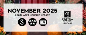 November 2025 Local Area Housing Update banner with icons for real-estate prices, homes, and market stats, alongside the Coldwell Banker Heritage logo on a cozy autumn interior with pumpkins.