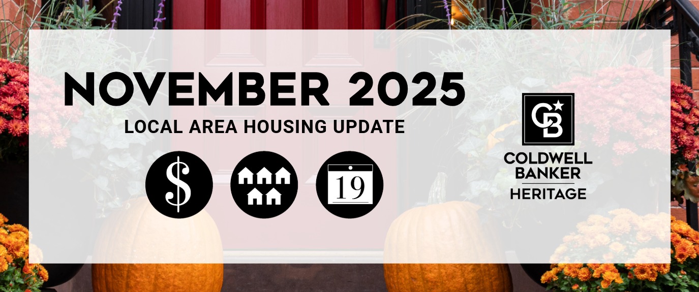 November 2025 Local Area Housing Update banner with icons for real-estate prices, homes, and market stats, alongside the Coldwell Banker Heritage logo on a cozy autumn interior with pumpkins.