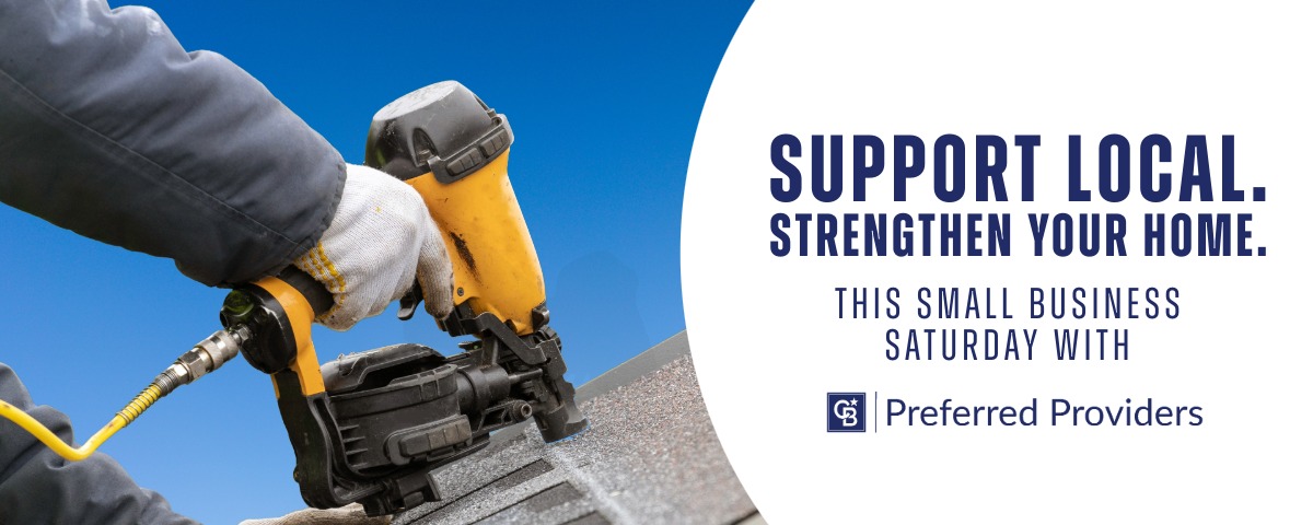 A construction professional uses a pneumatic nail gun to install roofing shingles, promoting CB Preferred Providers for Small Business Saturday.